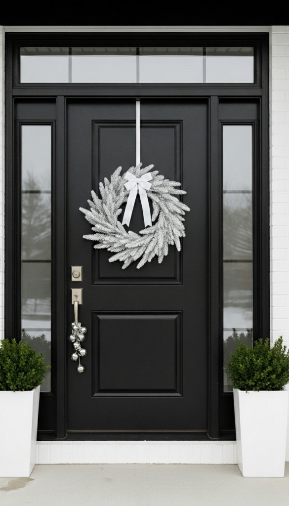 white christmas decorations on a black front door