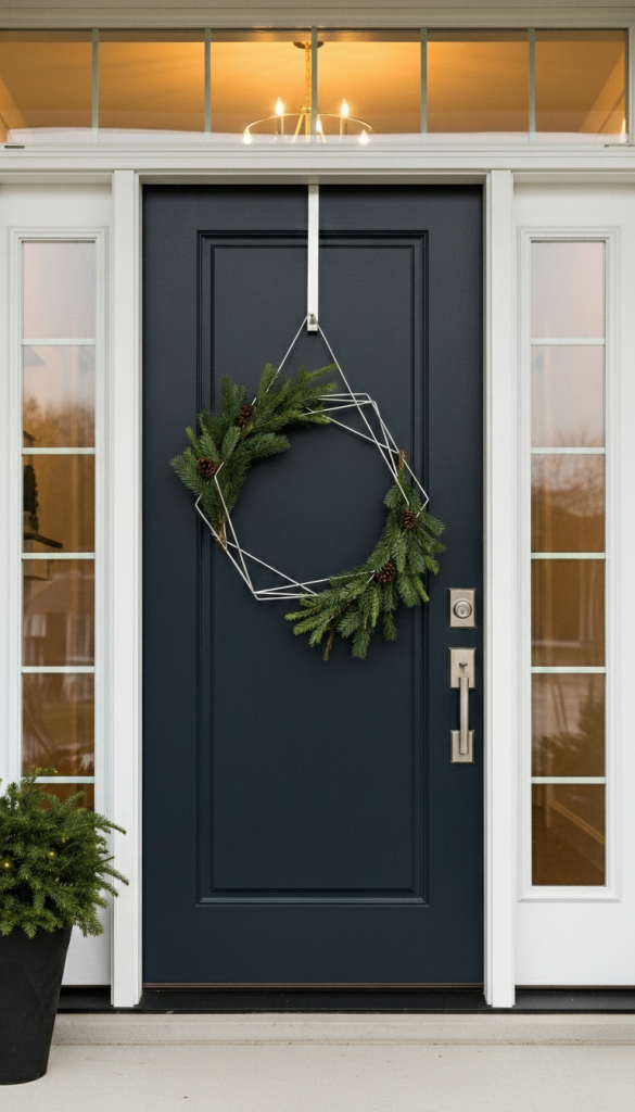 Hexagon shaped wreath decorated with greenery on modern front door for Christmas