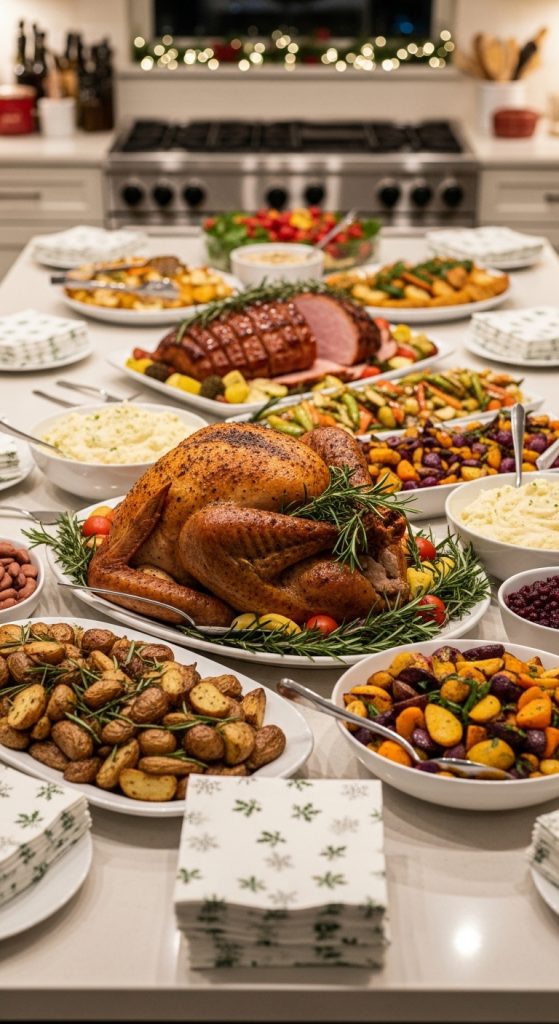 napkins at multiple points on a kitchen island to keep christmas buffet organized 