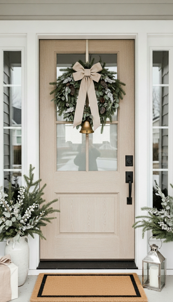 neutral modern front door christmas decor ideas with burlap ribbon and green wreath
