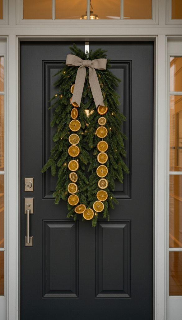 Garland with orange slices and lights hanging from modern front door