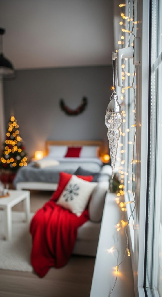 Icicle ornament hanging from window for Christmas