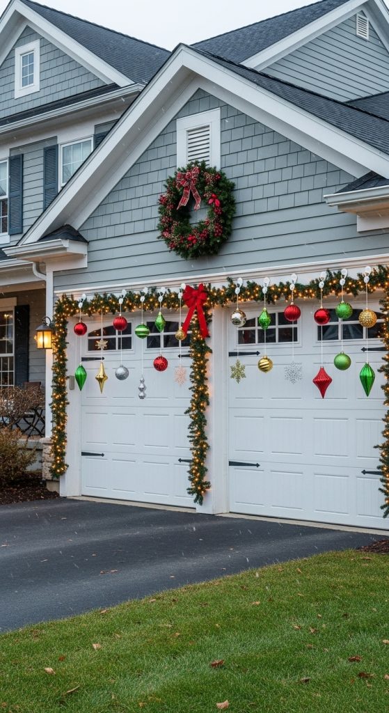 large oversized ornamanets hanging down in front of a garage door Garage Door Decorations for Christmas