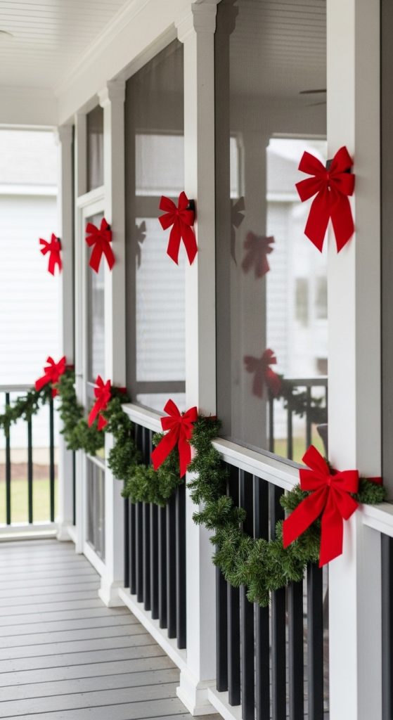 Red bows stuck to a post on the outside of screened in porch for Christmas