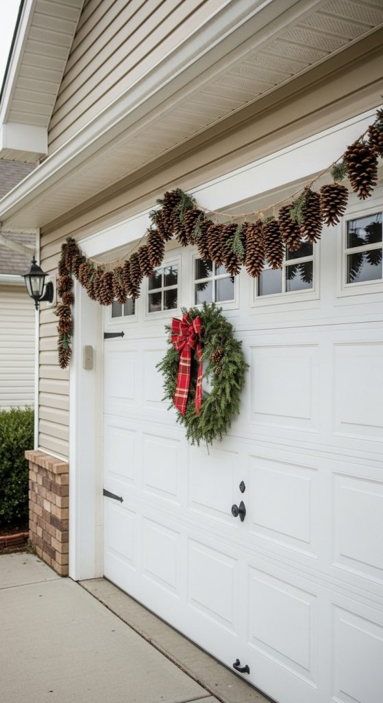Pinecones lining a white garage door for Christmas 