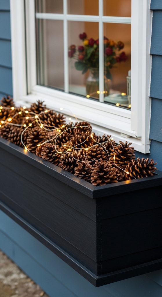 Pinecones in a black planter box with a string of fairy lights