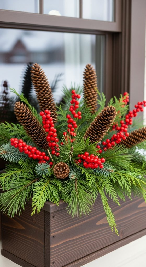 pinecones, red berries and evergreen in dark brown planter box