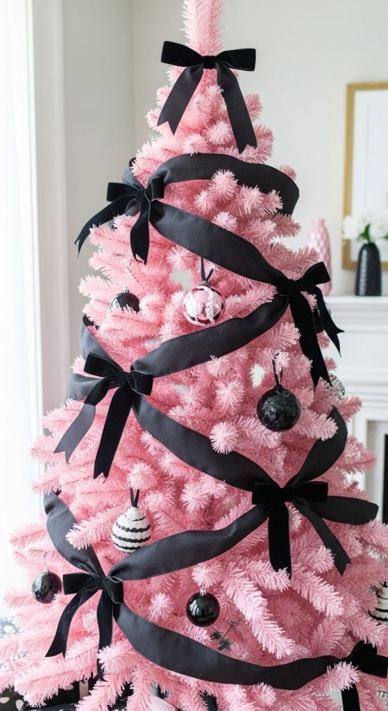 Pink Christmas tree with black ribbon