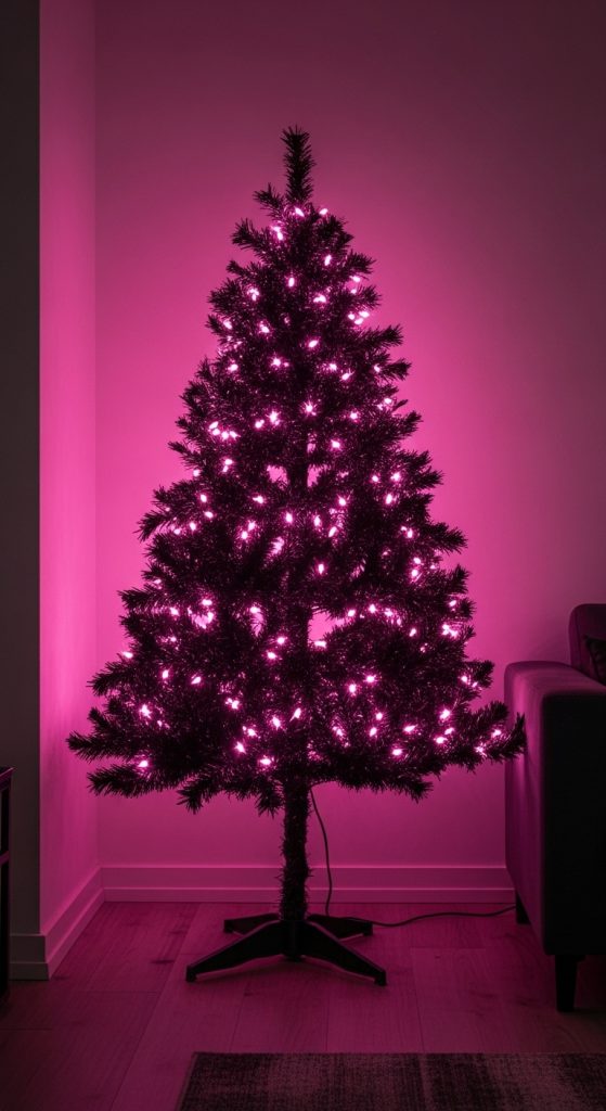 Black Christmas tree with bright pink lights