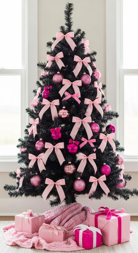 Pink and black Christmas tree with pink bows and ornaments with presents underneath