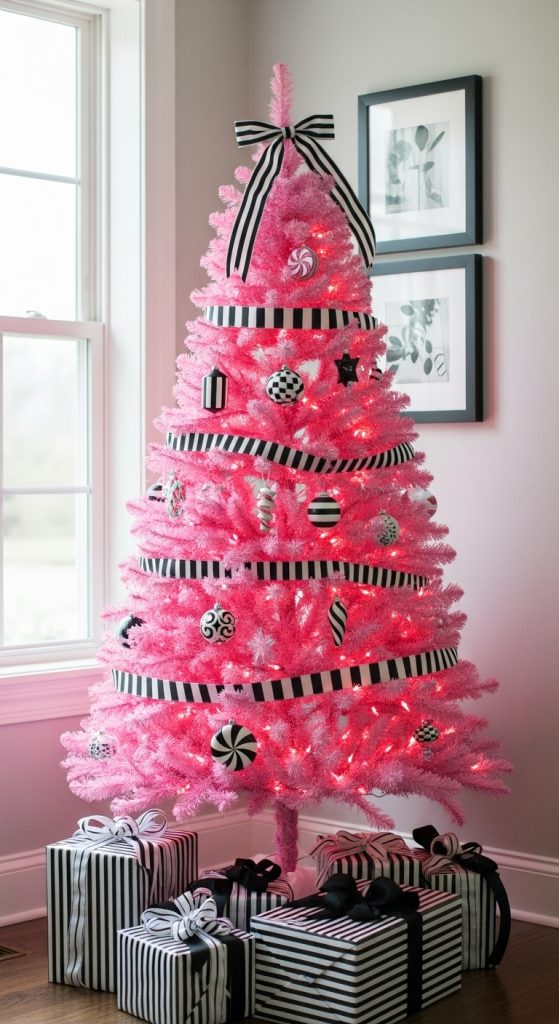 Bright pink Christmas tree with black and white ornaments and ribbon effect