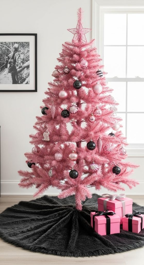 Faux fur tree base with pink presents on a pink tree