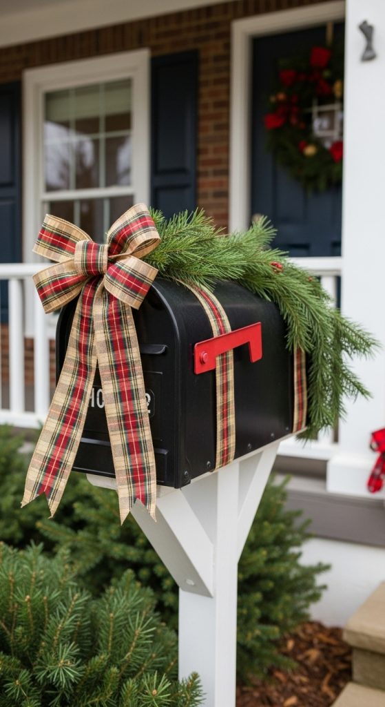 plaid bow attached to a black mailbox with sprig of greenery 