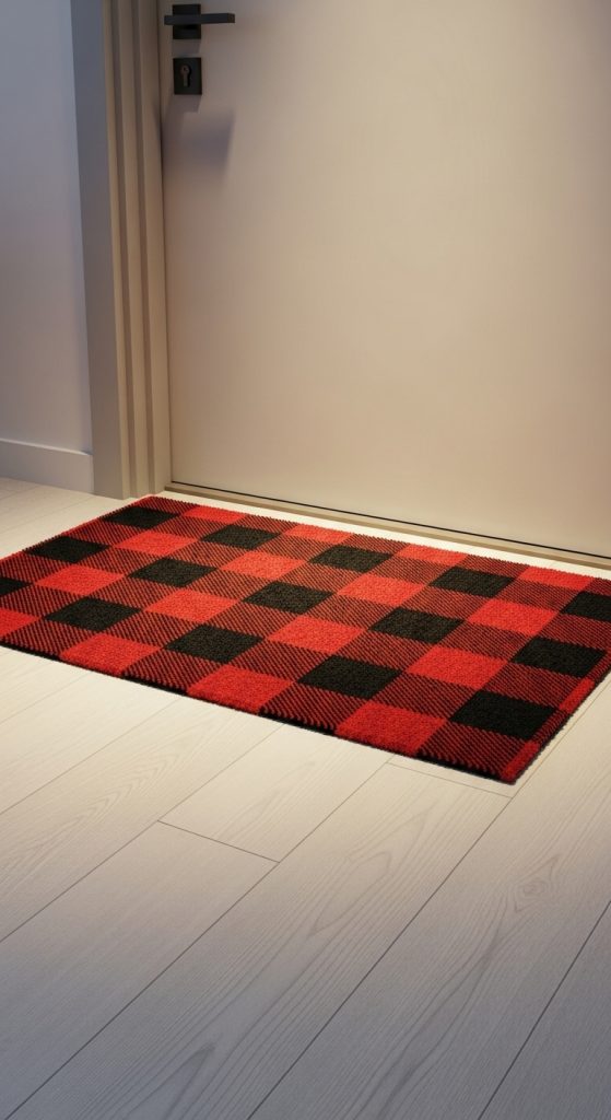 Plaid doormat outside apartment door for Christmas