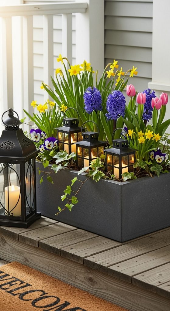 planter box with small lanterns and spring flowers on front porch