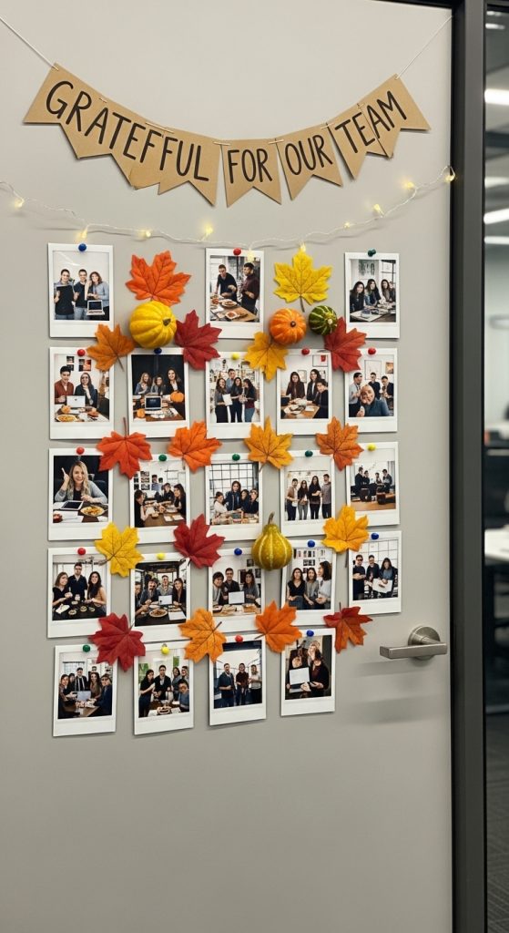 Polaroids stuck to an office door with a Thanksgiving fall banner to brighten up office decor