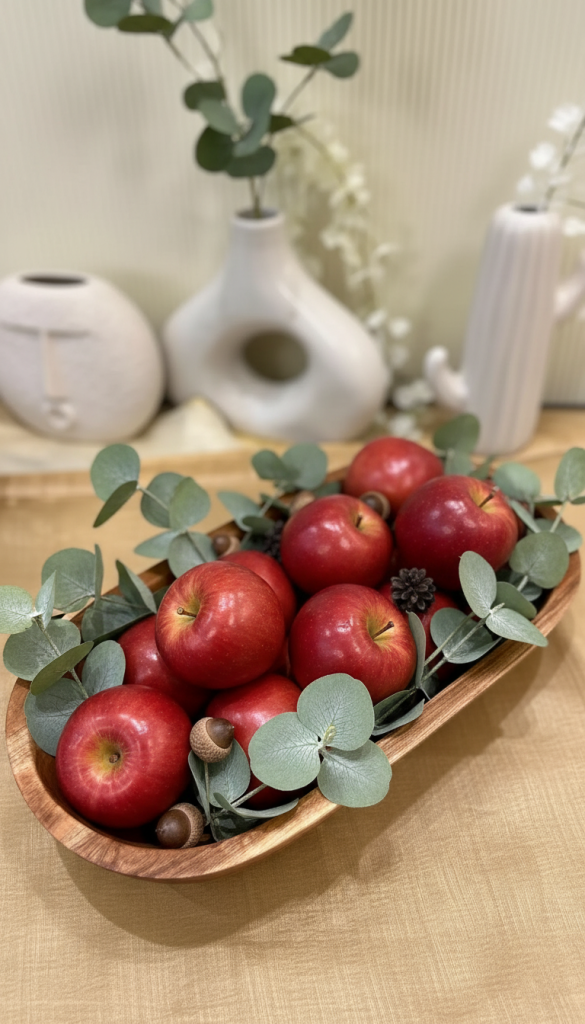 red apples and eucalyptus in a wooden dough bowl 