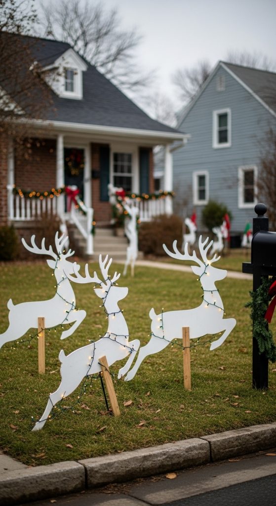 Silhouettes of reindeer cut from plywood with fairy lights wrapped around them Budget Christmas Outdoor Yard Decoration
