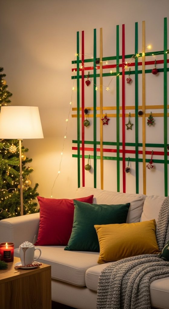 A grid made out of ribbon as Christmas decor above couch in a festive living room