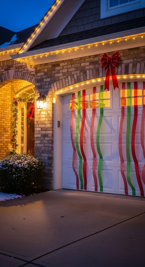 ribbons hanging down from the top of a garage door for festive holiday decor