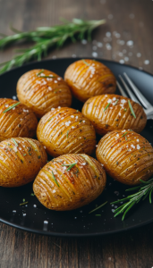 rosemary potatoes on a black plate