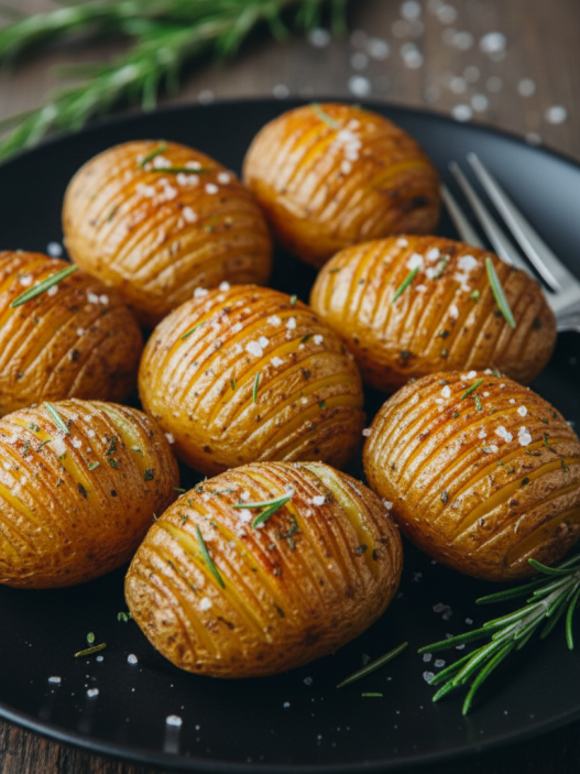 rosemary potatoes on a black plate