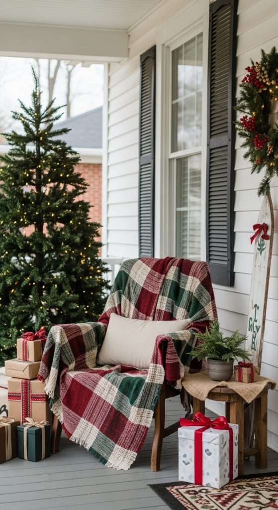 plaid blanket over a chair on the front porch for Rustic Front Porch Decor For Christmas