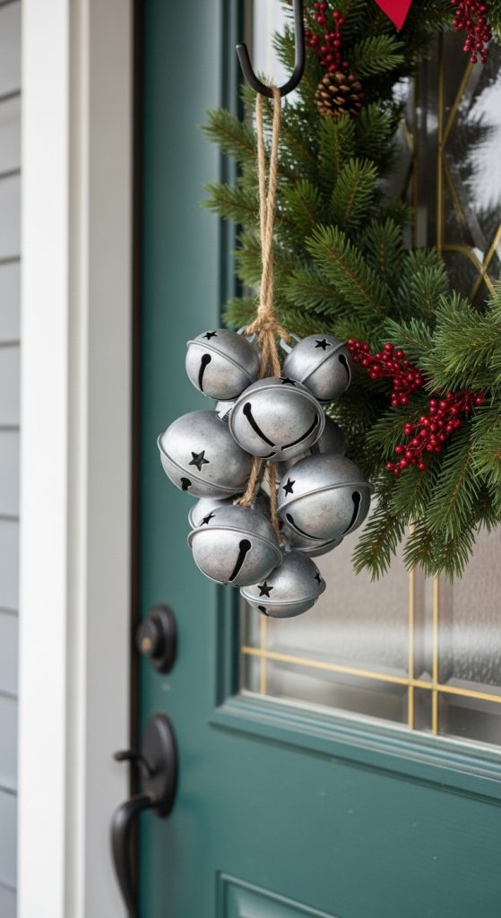 door with metal bells attached by a hook for rustic christmas vibes