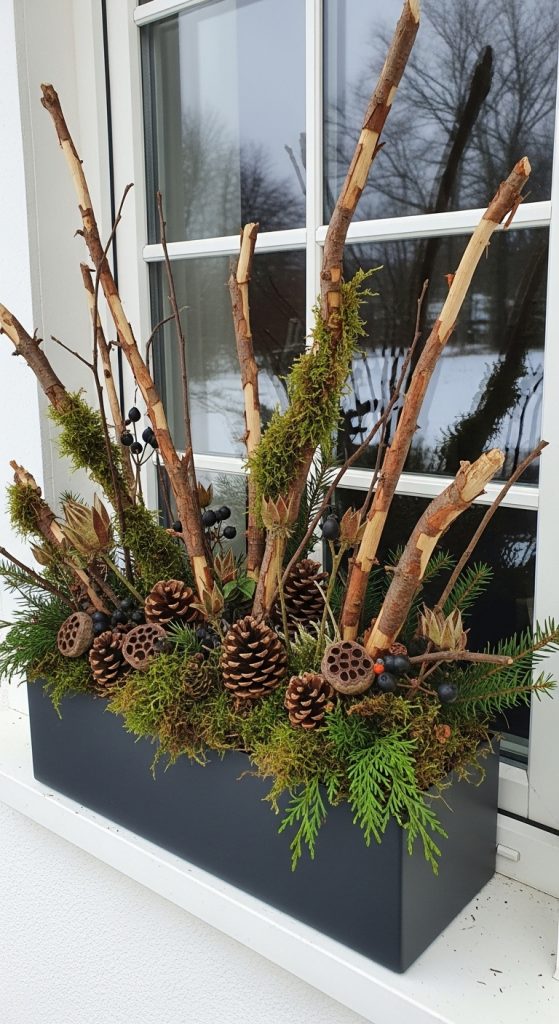 Fairy tale type Winter Planter Box with moss, evergreen, pinecones and branches from the garden 