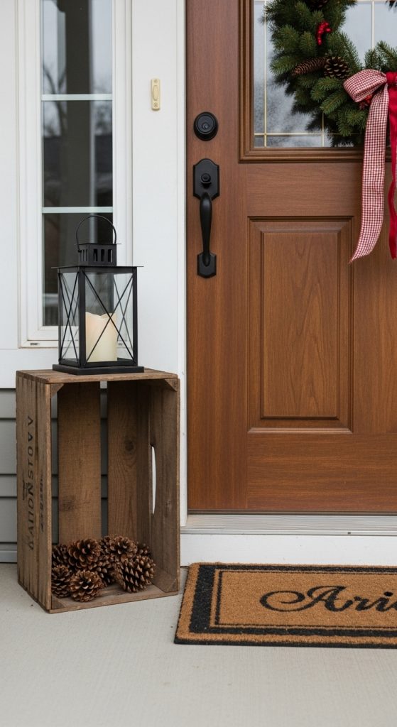Black lantern witting on top of a rustic crate with pinecones