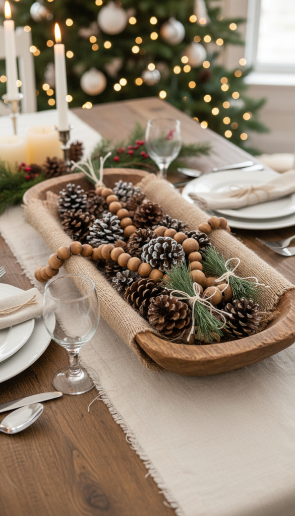 pine cones with wooden beads for a rustic style dough bowl for christmas