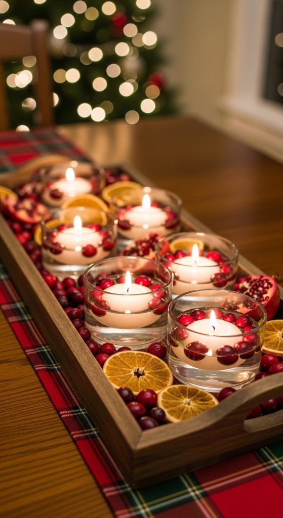 selection of floating candles on a rustic wooden tray with cranberries and sliced oranges
