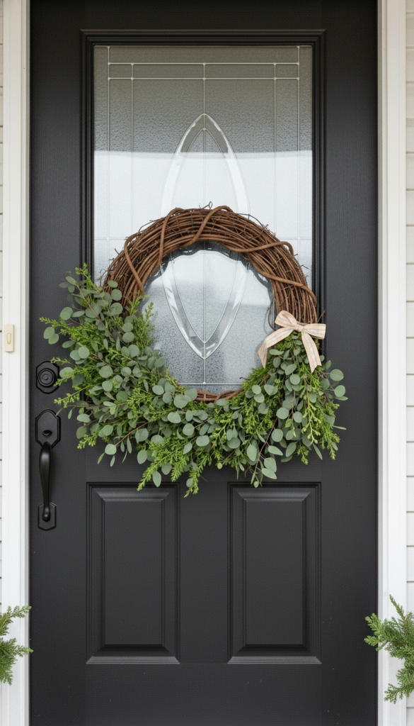 large wreath with eucalyptus hanging on a front door for christmas