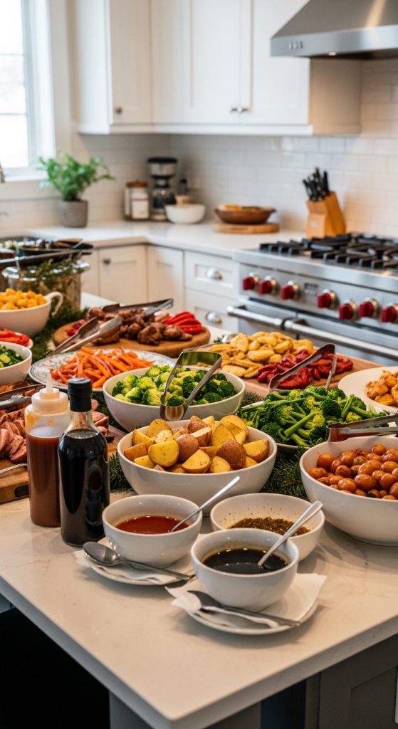 Christmas Buffet On A Kitchen Island sauces in bowls with serving spoons