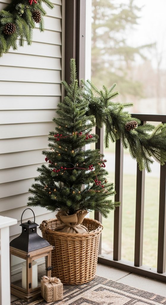 small christmas tree in a wicker basket in a Screen In Porch Christmas Decor