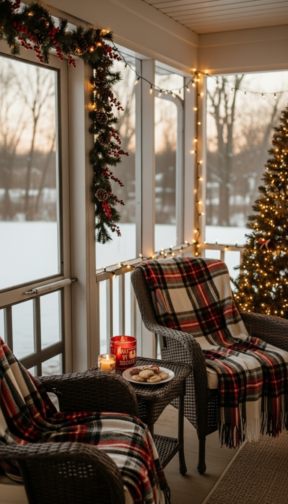 Plaid blankets thrown on chairs on a screened in porch for Christmas