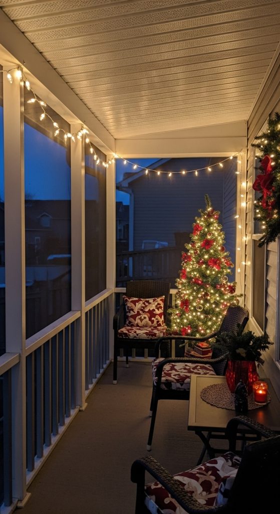 lit up christmas tree in the corner of a screened in porch with red bows
