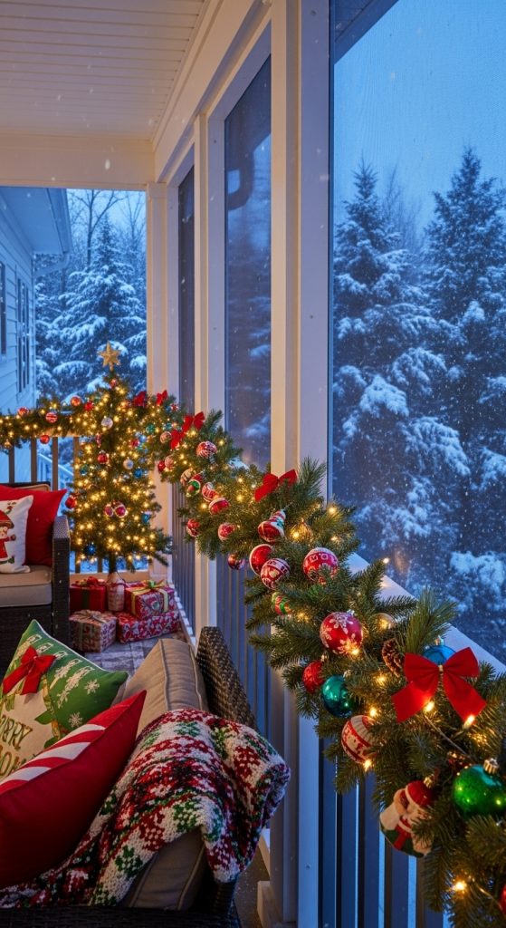 green garland on the railing of a screened-in porch with fairy lights and ornaments