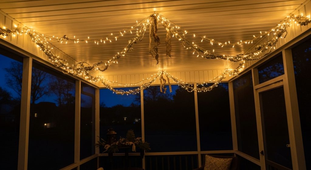 String lights hanging from ceiling in screened in porch for Christmas
