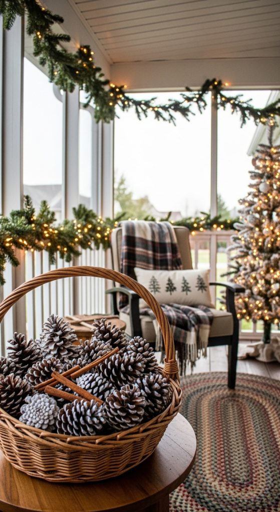basket full of pinecones sprayed with faux snow