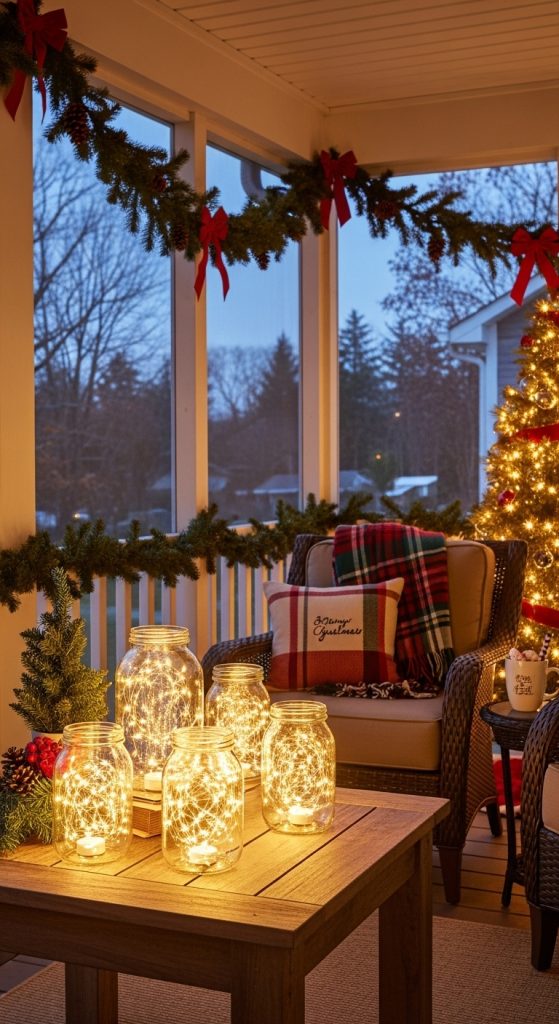Screen In Porch Christmas Decor jars with fairy lights