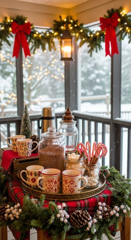 hot coco station on a table in a screened in porch