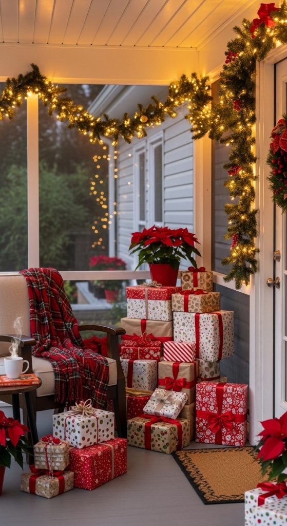 screened in porch with presents wrapped for christmas by ffront door