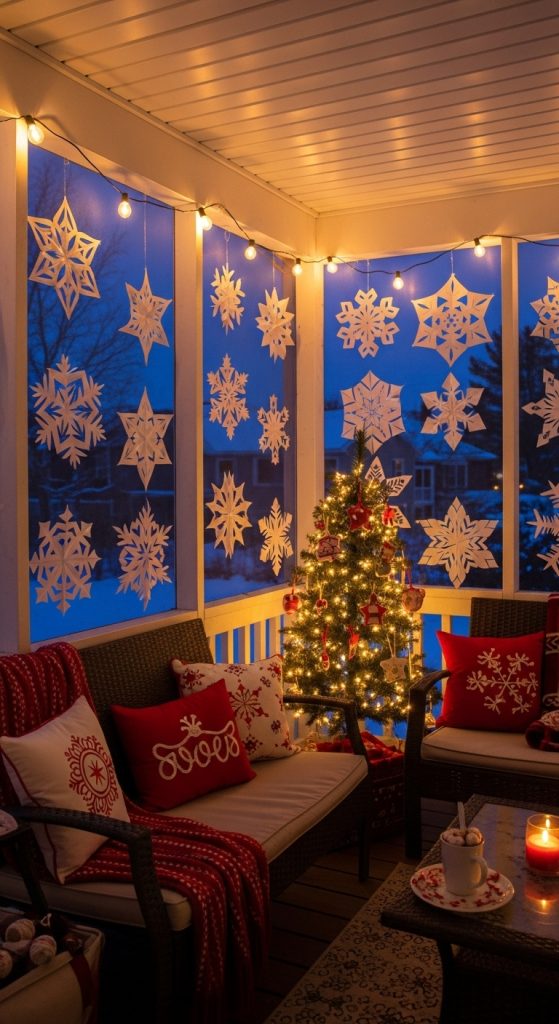 Screen In Porch Christmas Decor paper cut out stars in windows