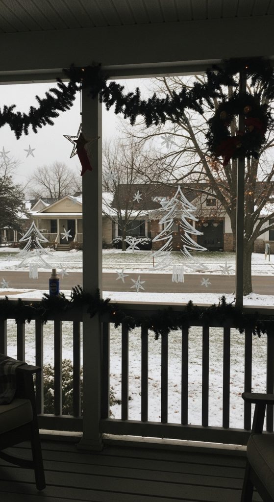 Screen In Porch Christmas Decor snowy stencils of trees