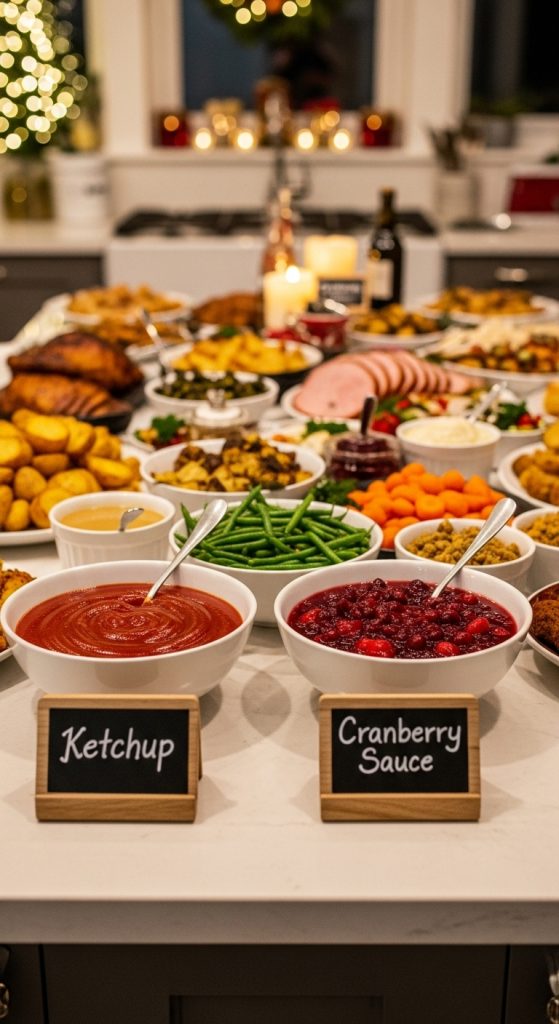 chalkboard signs on a kitchen island to label sauces and food 