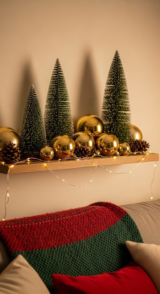 a small shelf with small christmas trees, golden ornaments and fairy lights