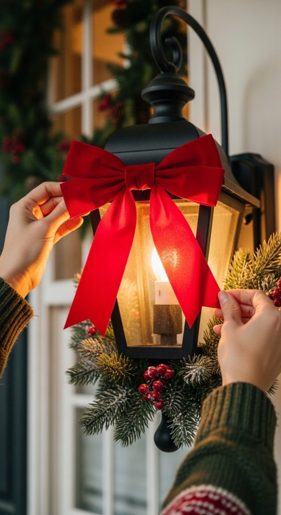 red bow being tied around lantern of a home