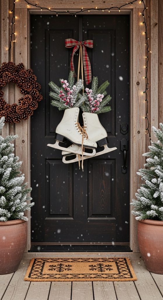 Vintage ice skates hanging from a door decorated with greenery and berries