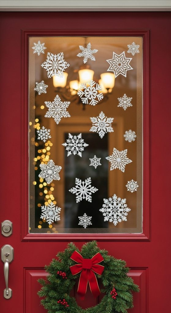 Snow decals stuck onto the window pane of a front door